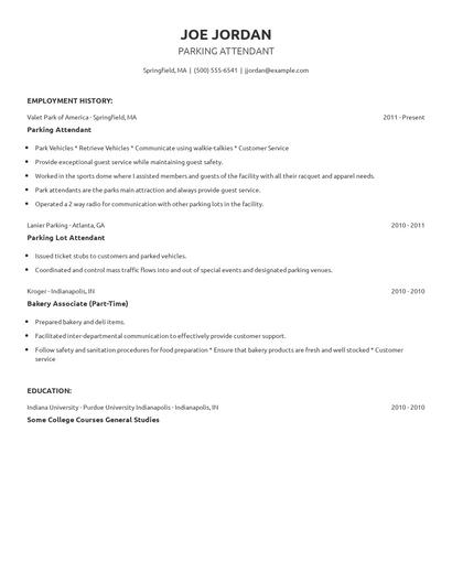 Parking Attendant Resume