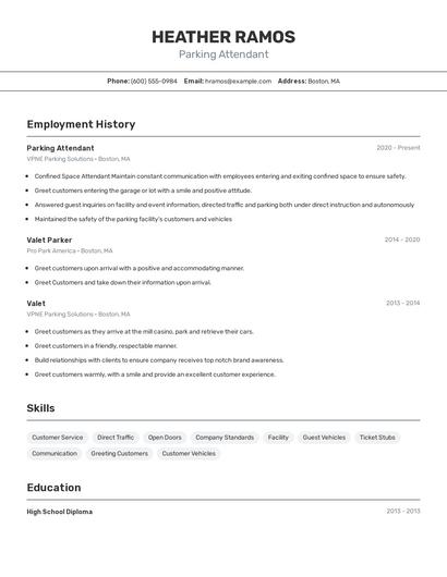 Parking Attendant Resume