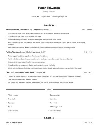 Parking Attendant Resume
