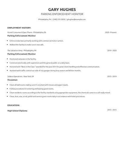 Parking Enforcement Monitor Resume