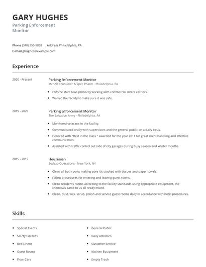 Parking Enforcement Monitor Resume