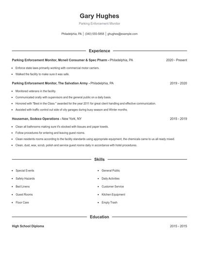 Parking Enforcement Monitor Resume