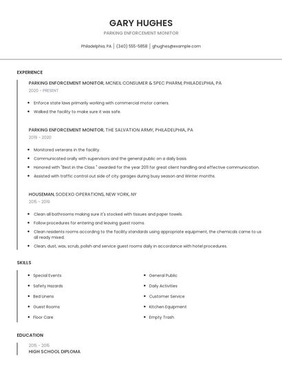Parking Enforcement Monitor Resume