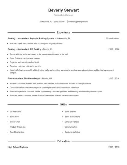 Parking Lot Attendant Resume