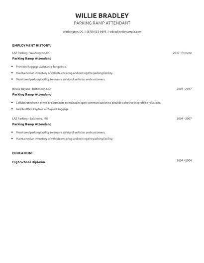 Parking Ramp Attendant Resume