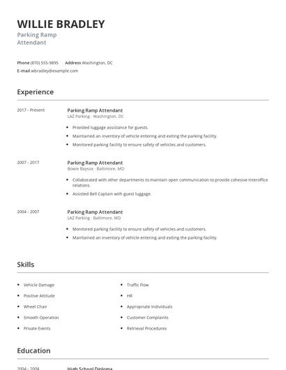 Parking Ramp Attendant Resume