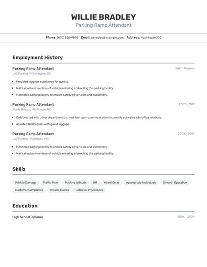 Parking Ramp Attendant Resume