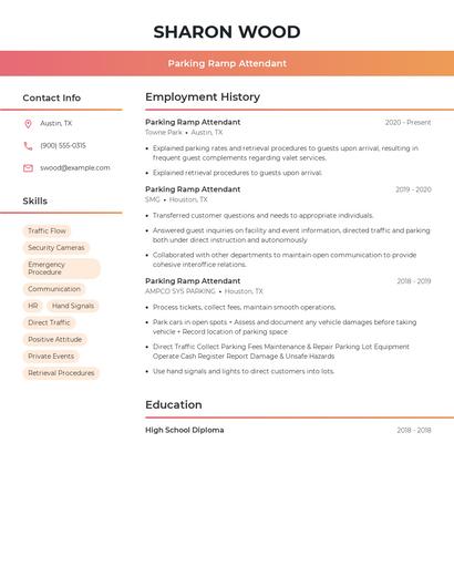 Parking Ramp Attendant Resume