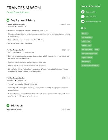 Parking Ramp Attendant Resume