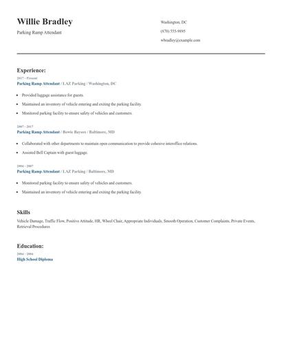 Parking Ramp Attendant Resume