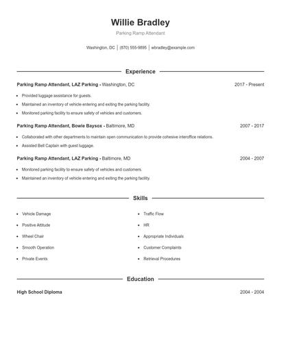 Parking Ramp Attendant Resume
