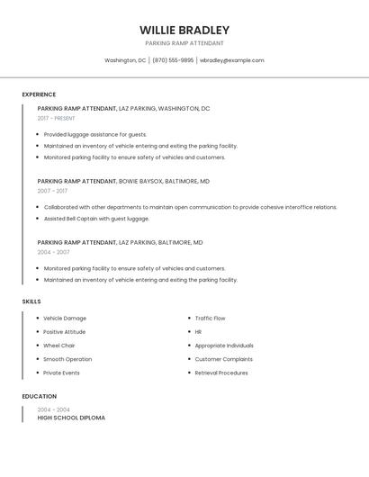 Parking Ramp Attendant Resume
