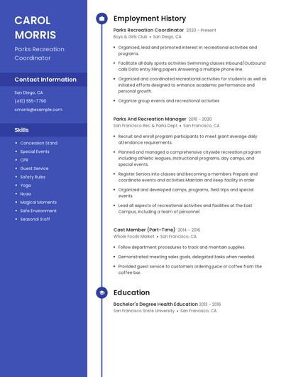 Parks Recreation Coordinator Resume