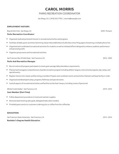 Parks Recreation Coordinator Resume