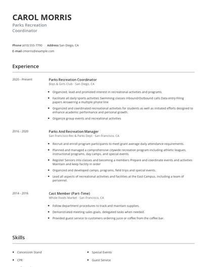 Parks Recreation Coordinator Resume