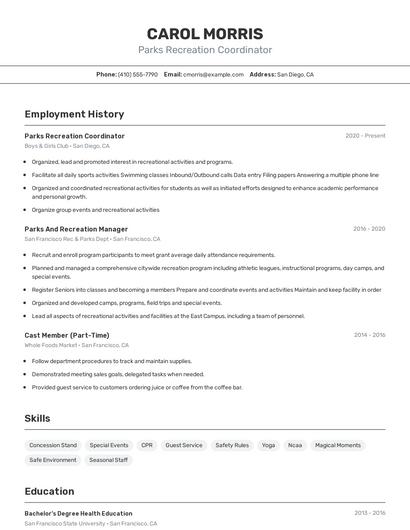 Parks Recreation Coordinator Resume