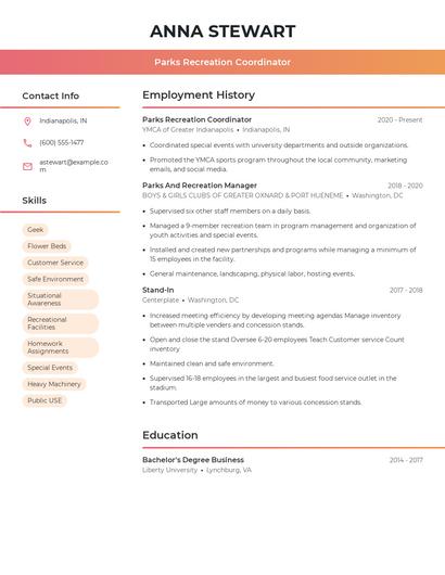 Parks Recreation Coordinator Resume