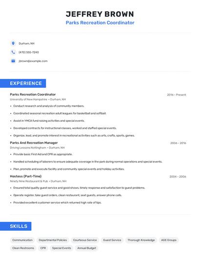Parks Recreation Coordinator Resume