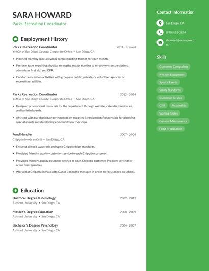 Parks Recreation Coordinator Resume