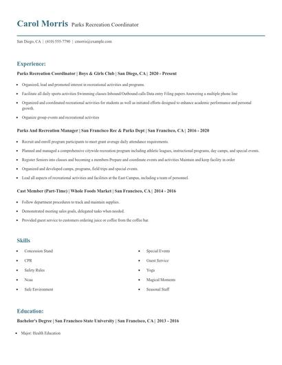 Parks Recreation Coordinator Resume