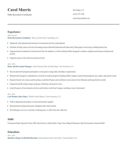 Parks Recreation Coordinator Resume