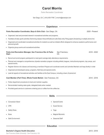 Parks Recreation Coordinator Resume