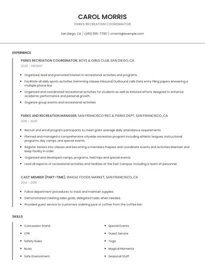 Parks Recreation Coordinator Resume