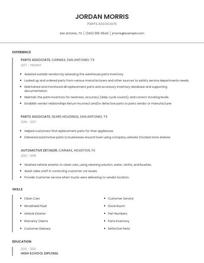 Parts Associate Resume