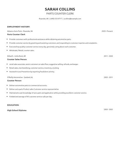 Parts Counter Clerk Resume
