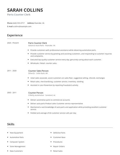 Parts Counter Clerk Resume