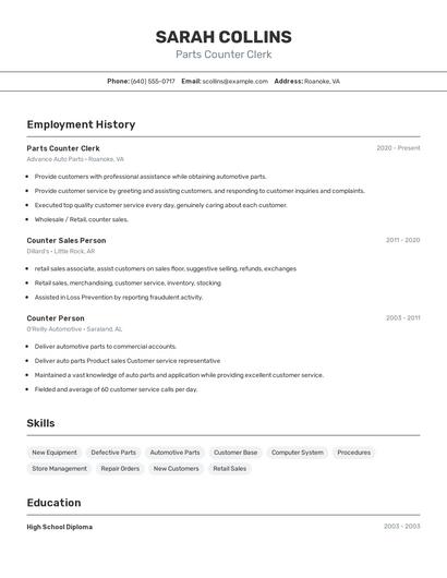Parts Counter Clerk Resume