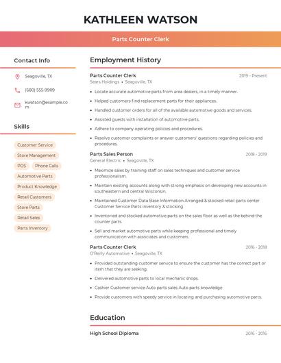 Parts Counter Clerk Resume