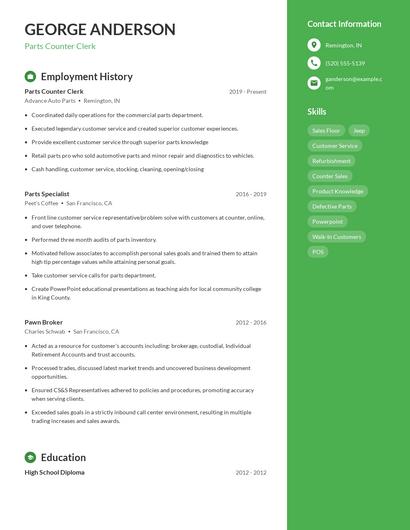 Parts Counter Clerk Resume