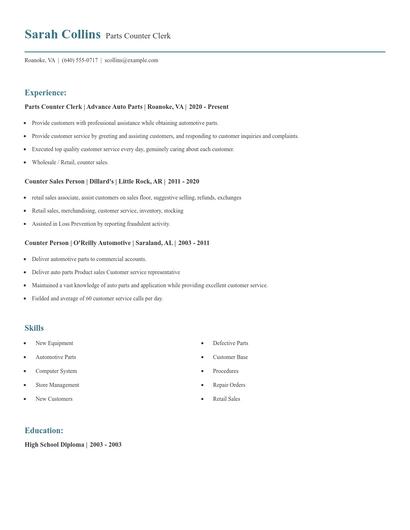 Parts Counter Clerk Resume