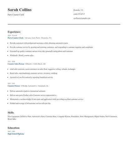 Parts Counter Clerk Resume