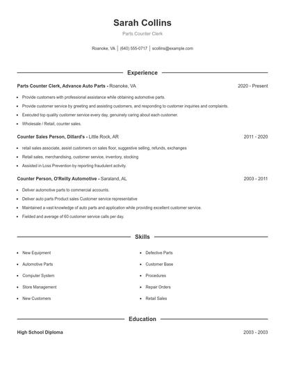 Parts Counter Clerk Resume