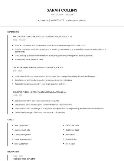 Parts Counter Clerk Resume
