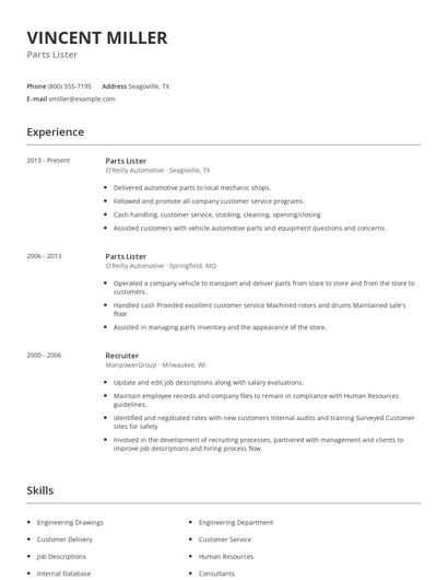 Parts Lister Resume