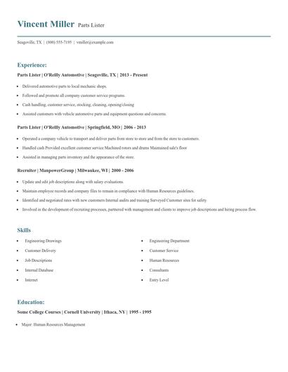 Parts Lister Resume