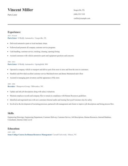 Parts Lister Resume