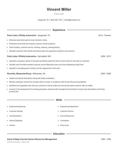 Parts Lister Resume