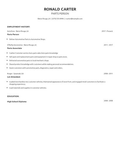 Parts Person Resume
