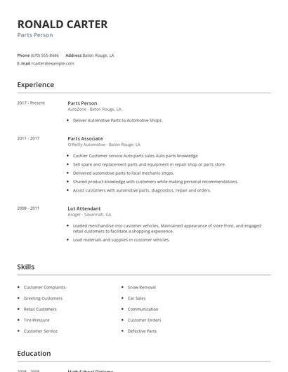 Parts Person Resume