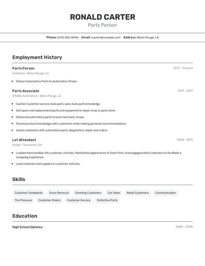 Parts Person Resume