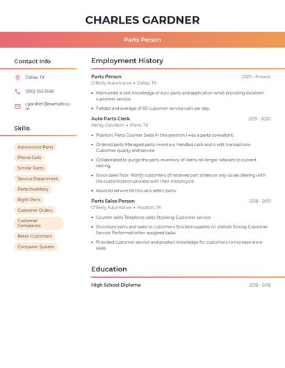 Parts Person Resume