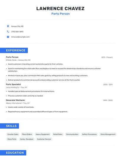 Parts Person Resume