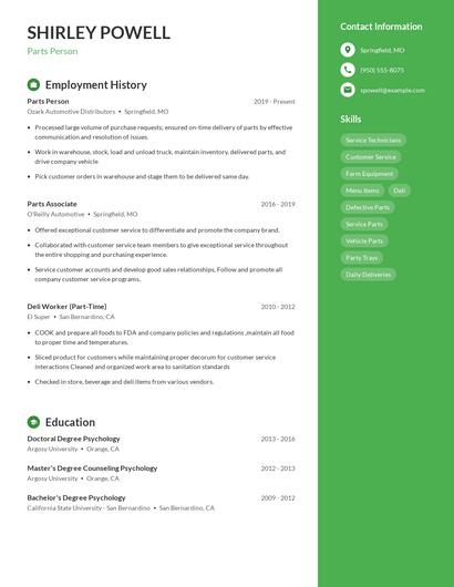 Parts Person Resume
