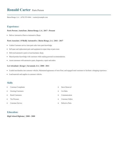 Parts Person Resume