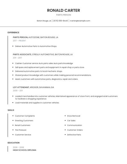 Parts Person Resume