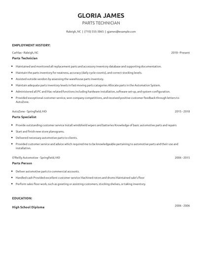 Parts Technician Resume